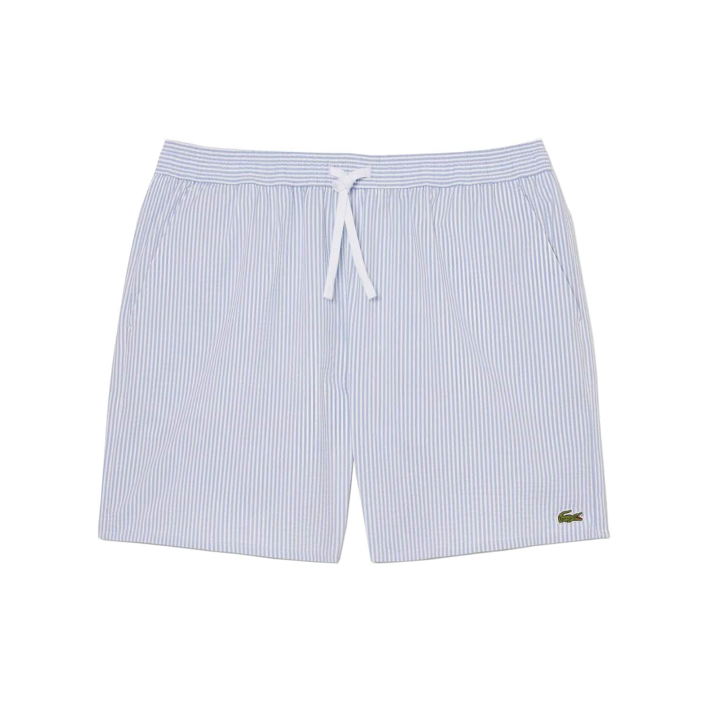 LACOSTE STRIPED TEXTURED MID LENGTH SWIM TRUNKS